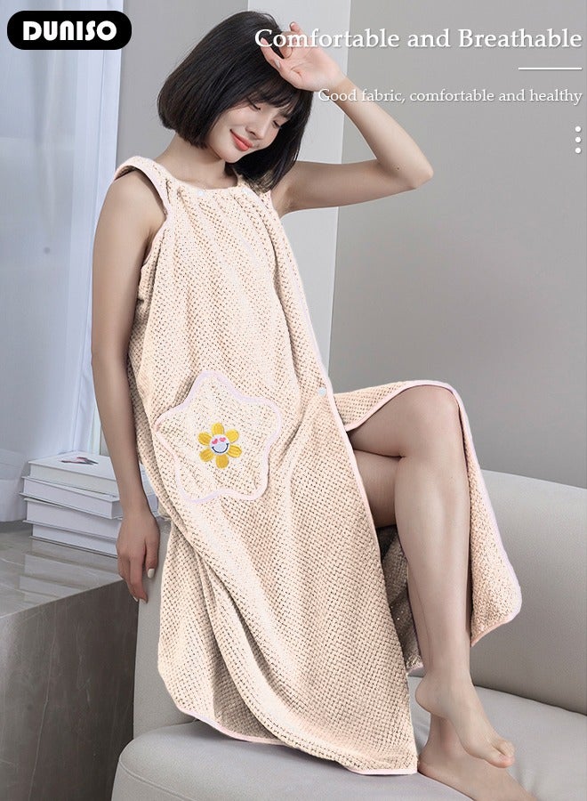 Women Bath Robe With Pocket, Off-shoulder Wearable Bath Towel With Snap Button, Bathrobe Suitable For Sauna Beach Swimming Pool Gym Travel