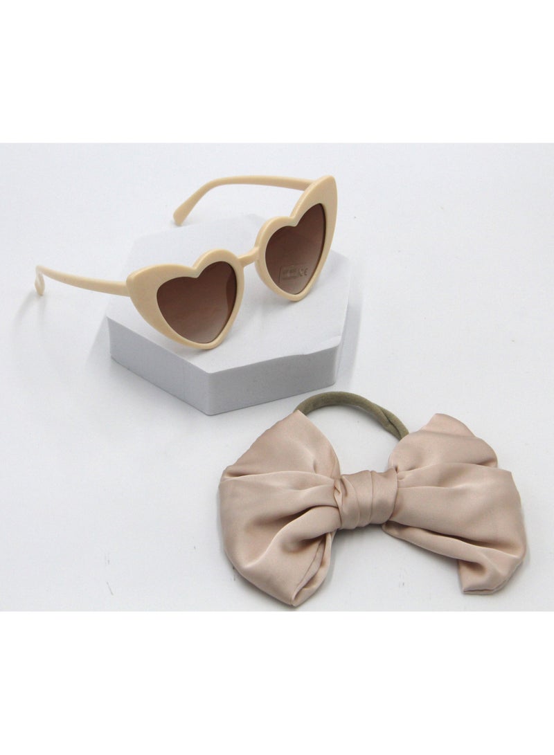 Athena Glasses and Bow Barrette Ponytail Set For Babies and Girls - Beige