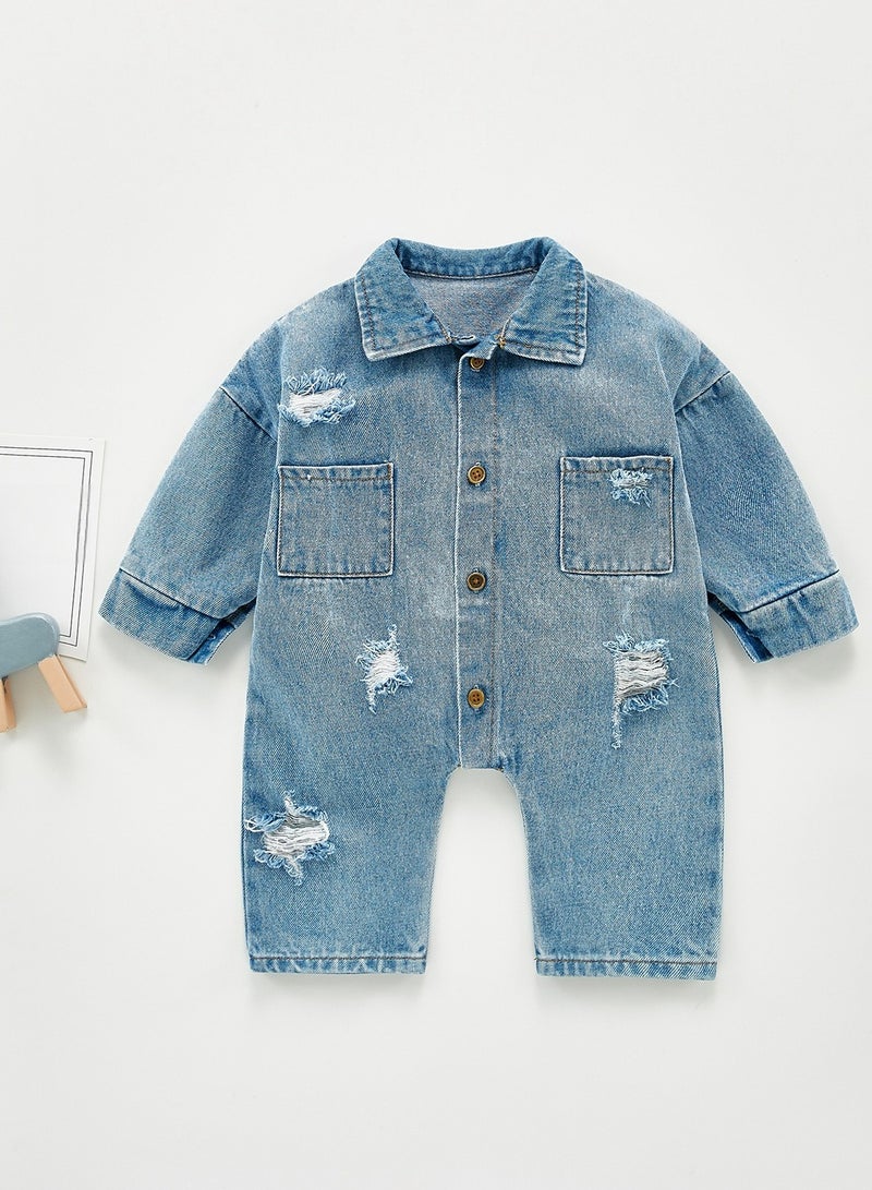 Baby Autumn Clothes, Fashionable And Stylish Denim Jumpsuit, Men's And Women's Baby Long Sleeved Crawling Clothes, Outdoor Clothes