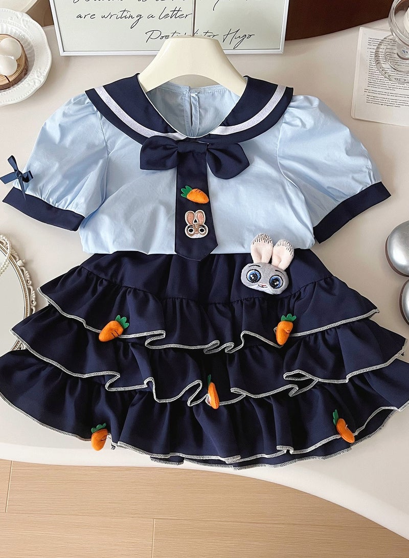 Girl Rabbit Carrot Cute Navy Collar Cake Skirt Set