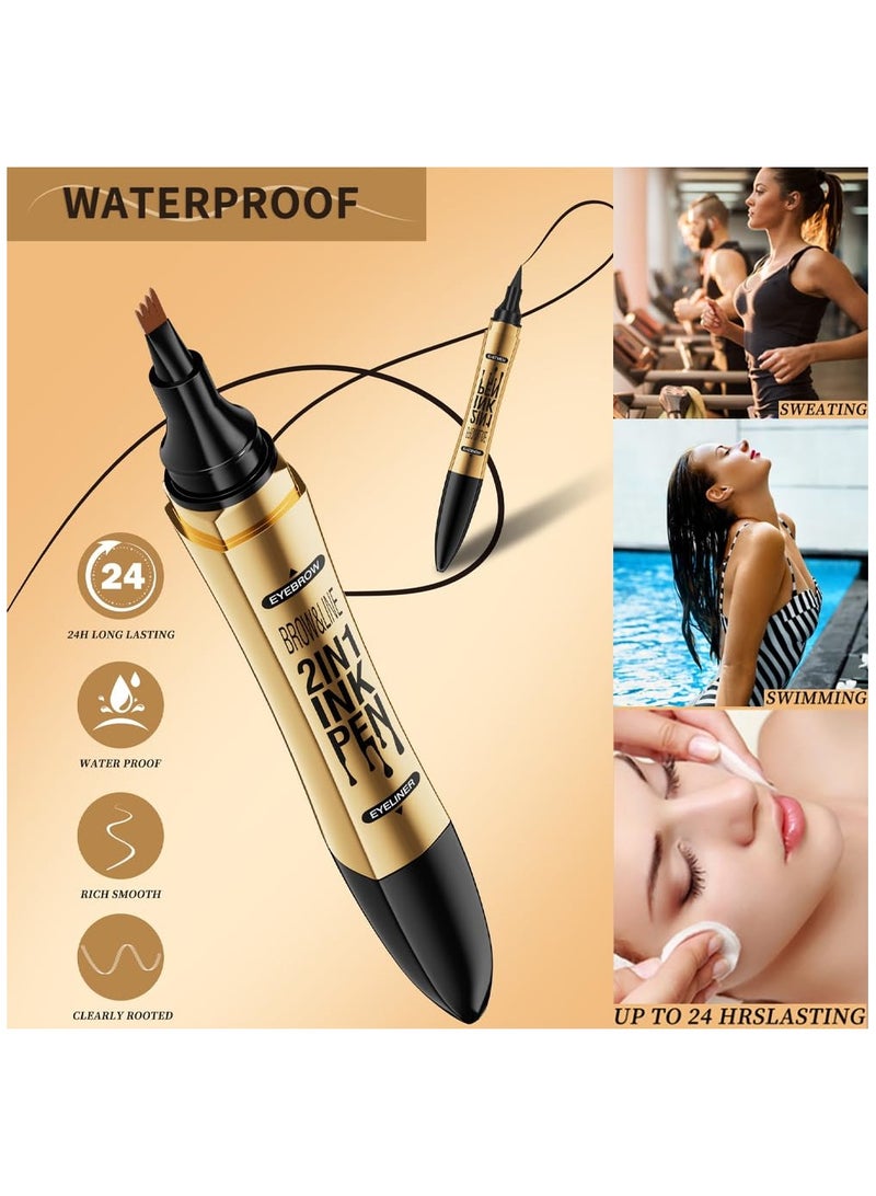 Brow pen eyeliner 2-in-1, microblade eyebrow pen, Magic 4 tip eyebrow pencil, With Dual-ended Eyebrow Brush, Waterproof eyebrow pen, Brow pencil with hair like strokes, Natural brows, Dark Brown