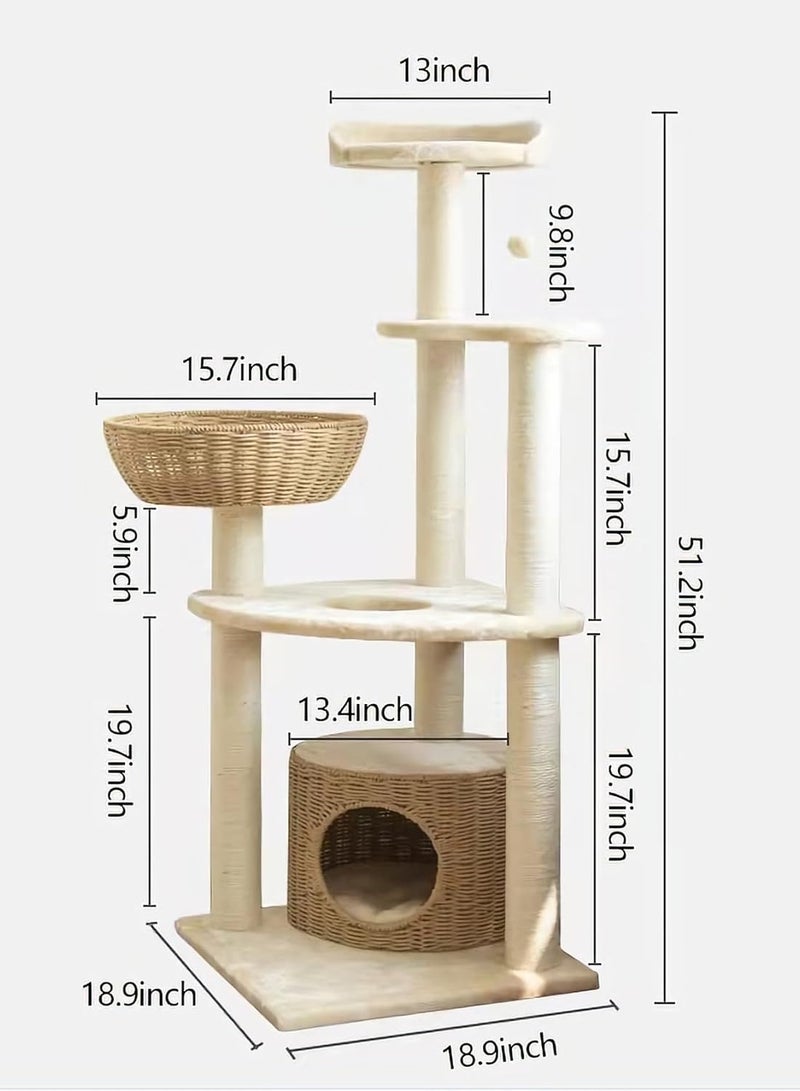 Cat Tree Tower,Cat Condo,Cat Scratching Post,130cm cat tree tall Good quality Cat furniture for indoor cats, Luxury Handmade Weaving Nest Cat Condo Kitty Activity Center,Cat Climbing Toy