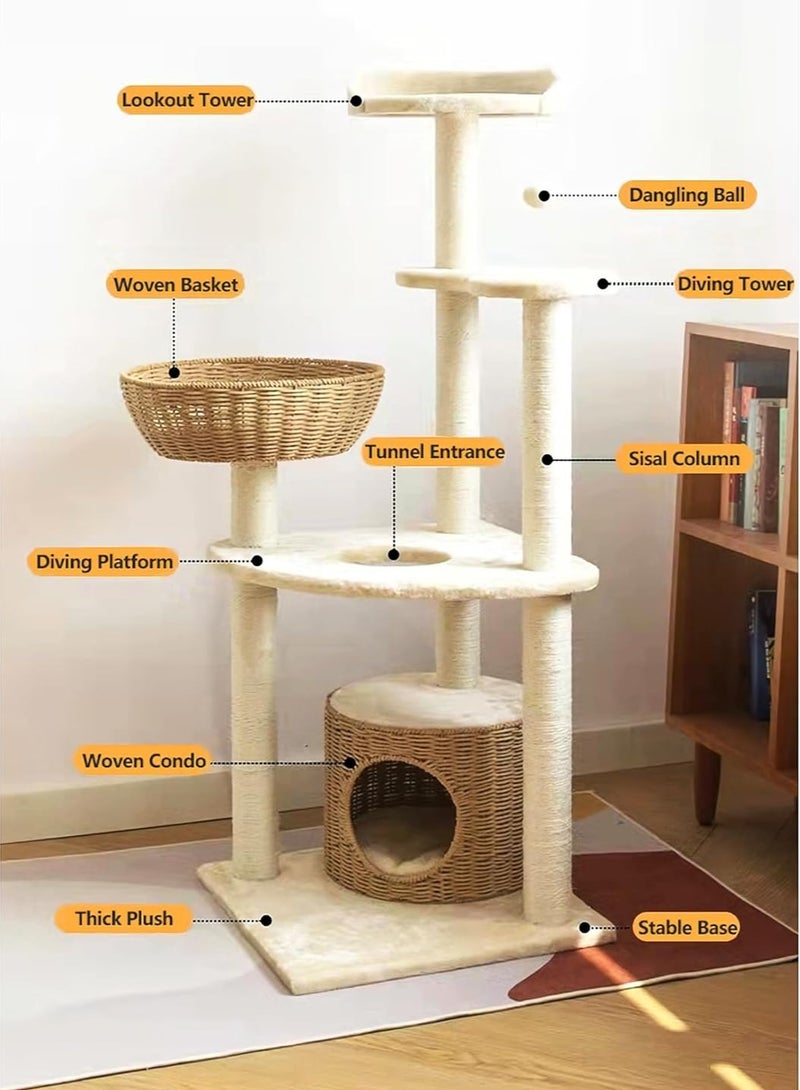 Cat Tree Tower,Cat Condo,Cat Scratching Post,130cm cat tree tall Good quality Cat furniture for indoor cats, Luxury Handmade Weaving Nest Cat Condo Kitty Activity Center,Cat Climbing Toy