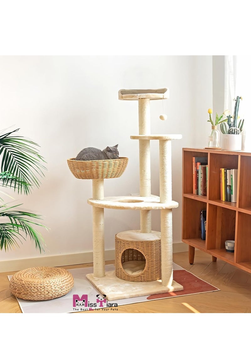 Cat Tree Tower,Cat Condo,Cat Scratching Post,130cm cat tree tall Good quality Cat furniture for indoor cats, Luxury Handmade Weaving Nest Cat Condo Kitty Activity Center,Cat Climbing Toy