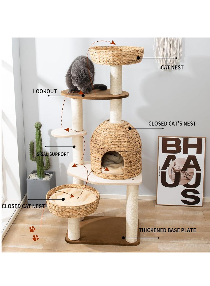 Modern Cat Tree Tower for Large Cats, Cat Furniture Scratching Tree for Indoor Cat, Real Natural Water Hyacinth Cat Condo, Manual Hand Woven Tall Wood Cat House, New Cat Condo Unique Cat Gift