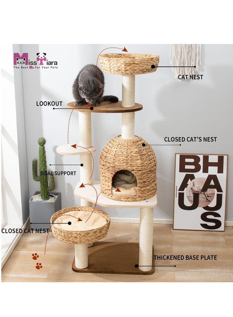 Modern Cat Tree Tower for Large Cats, Cat Furniture Scratching Tree for Indoor Cat, Real Natural Water Hyacinth Cat Condo, Manual Hand Woven Tall Wood Cat House, New Cat Condo Unique Cat Gift