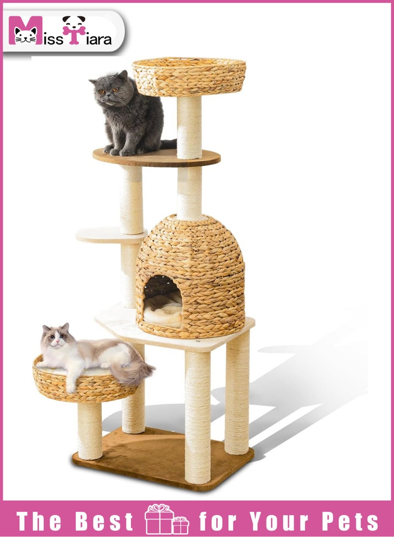 Modern Cat Tree Tower for Large Cats, Cat Furniture Scratching Tree for Indoor Cat, Real Natural Water Hyacinth Cat Condo, Manual Hand Woven Tall Wood Cat House, New Cat Condo Unique Cat Gift