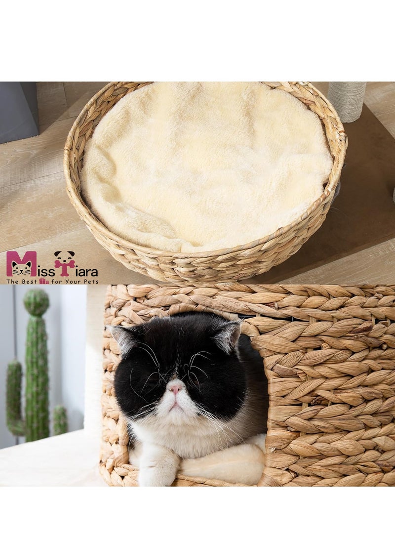 Modern Cat Tree Tower for Large Cats, Cat Furniture Scratching Tree for Indoor Cat, Real Natural Water Hyacinth Cat Condo, Manual Hand Woven Tall Wood Cat House, New Cat Condo Unique Cat Gift