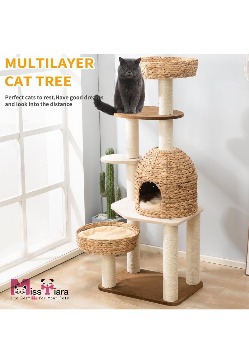 Modern Cat Tree Tower for Large Cats, Cat Furniture Scratching Tree for Indoor Cat, Real Natural Water Hyacinth Cat Condo, Manual Hand Woven Tall Wood Cat House, New Cat Condo Unique Cat Gift