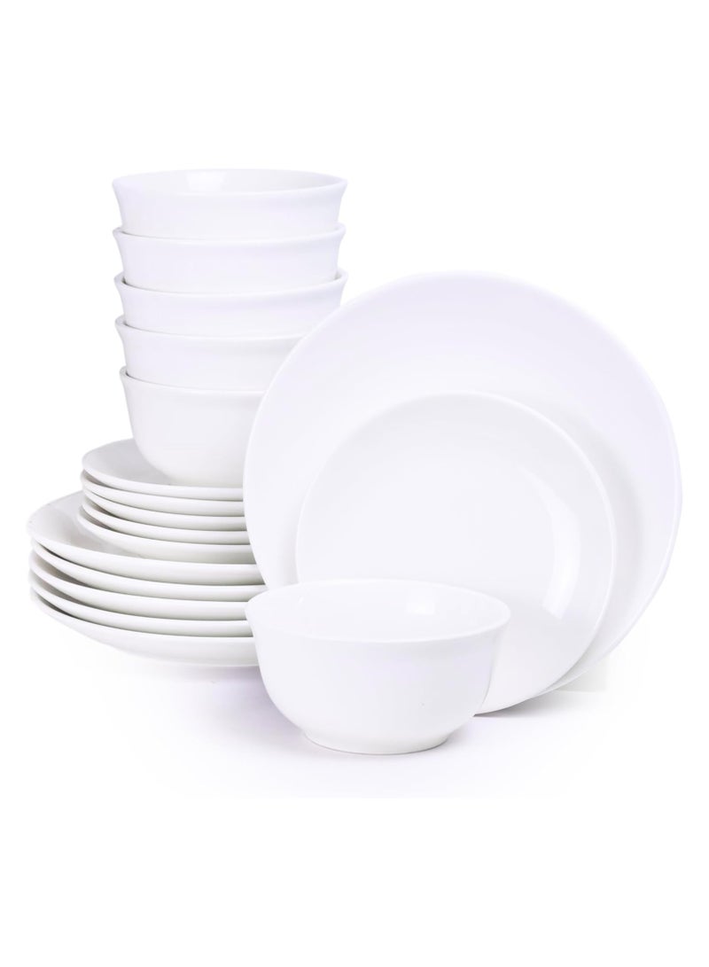 Shallow 18-Piece Porcelain Dinnerware Set – Elegant Ceramic Crockery for 6 | Includes 26.8 cm Dinner Plates, 20 cm Side Plates, and 15 cm Bowls, White