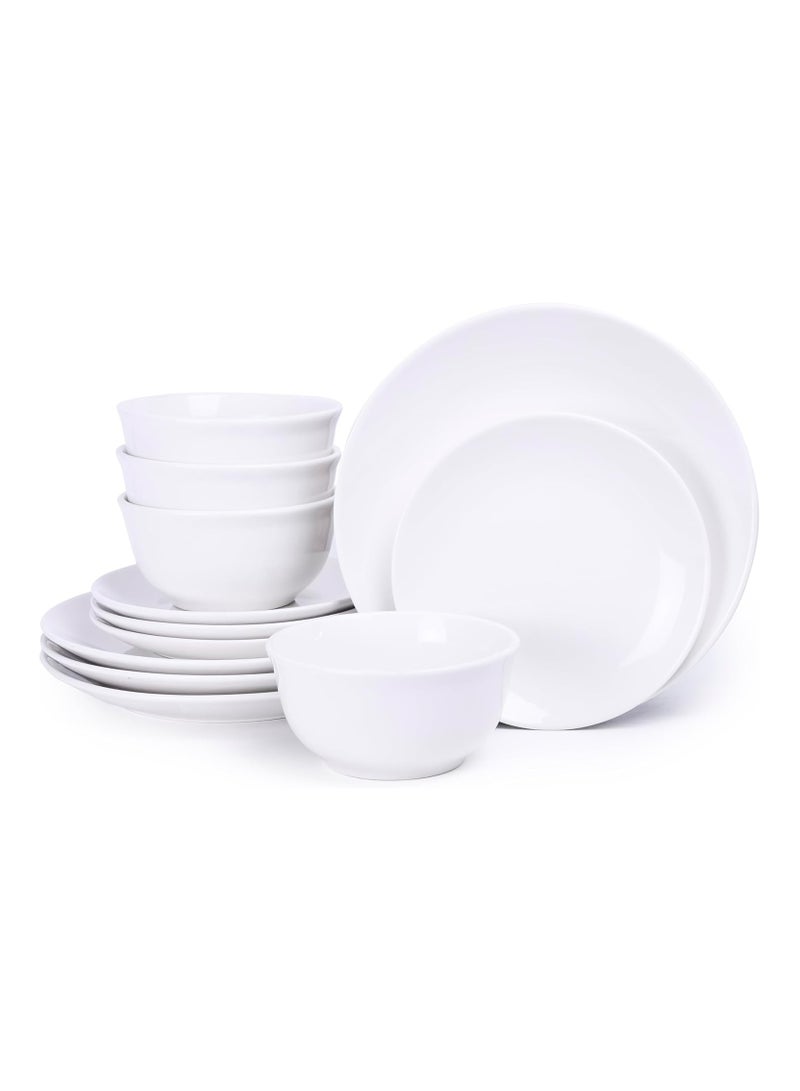 Shallow 12-Piece Porcelain Dinnerware Set – Elegant Ceramic Crockery for 4 | Includes 26.8 cm Dinner Plates, 20 cm Side Plates, and 15 cm Bowls, White