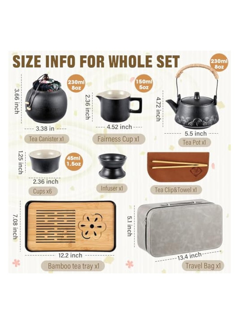 13 Pcs Gongfu Tea Sets, Chinese Tea Set, Portable Ceramic Tea Set, Black Ceramic Mini Kungfu Tea Set, Asian Tea Set, with Teapot Grey Leather Case Bag, Travel Tea Set, for Home Business Hotel Picnic