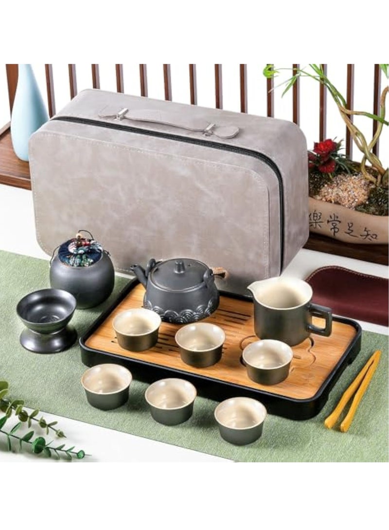 13 Pcs Gongfu Tea Sets, Chinese Tea Set, Portable Ceramic Tea Set, Black Ceramic Mini Kungfu Tea Set, Asian Tea Set, with Teapot Grey Leather Case Bag, Travel Tea Set, for Home Business Hotel Picnic