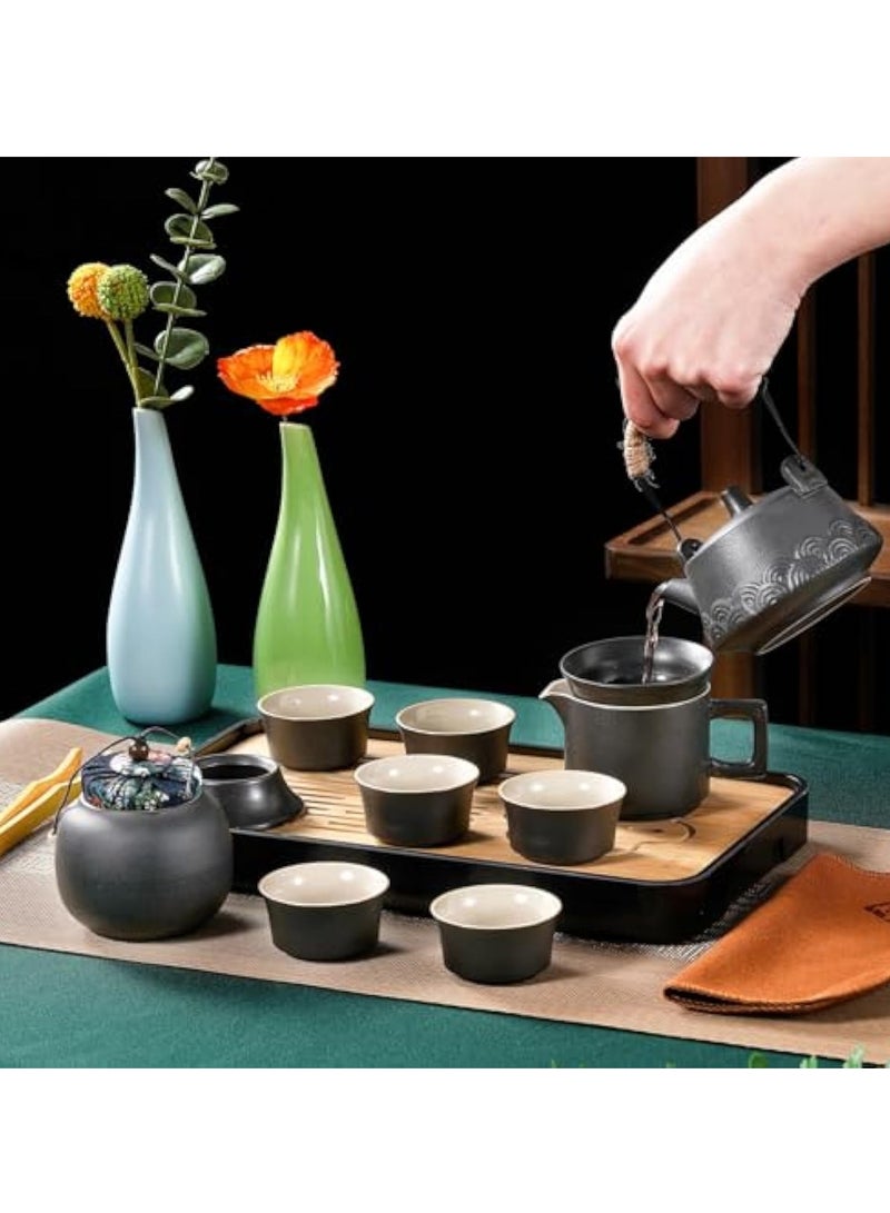 13 Pcs Gongfu Tea Sets, Chinese Tea Set, Portable Ceramic Tea Set, Black Ceramic Mini Kungfu Tea Set, Asian Tea Set, with Teapot Grey Leather Case Bag, Travel Tea Set, for Home Business Hotel Picnic