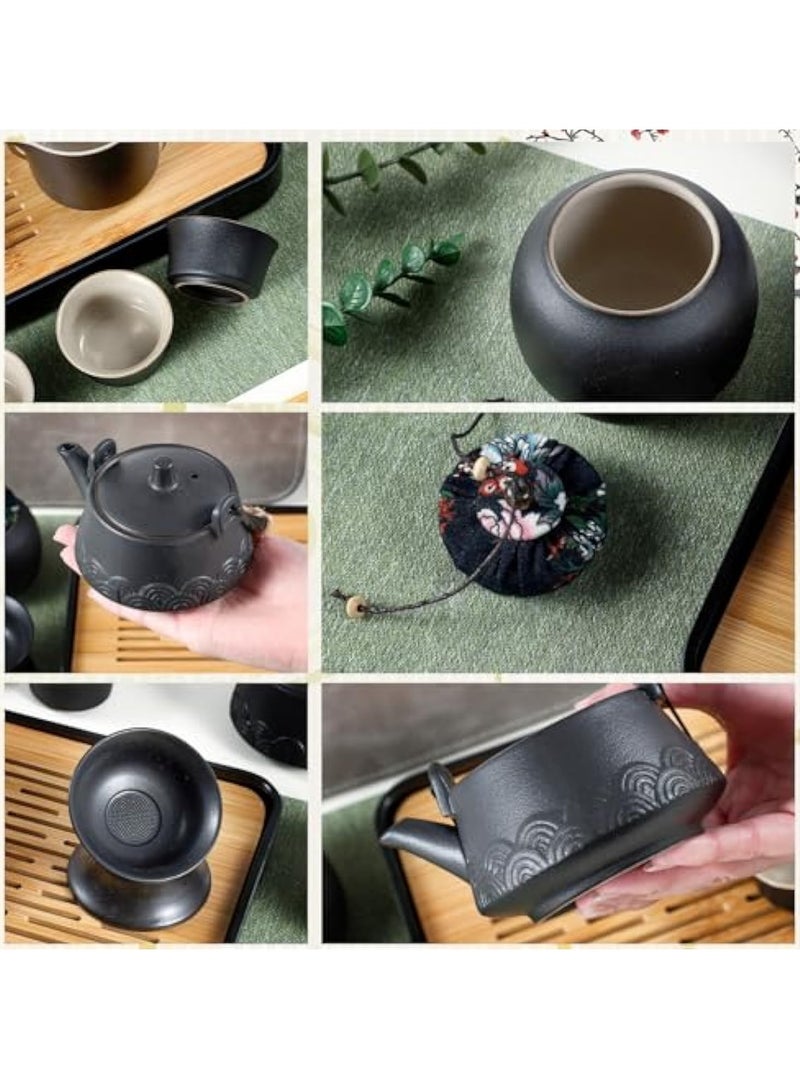 13 Pcs Gongfu Tea Sets, Chinese Tea Set, Portable Ceramic Tea Set, Black Ceramic Mini Kungfu Tea Set, Asian Tea Set, with Teapot Grey Leather Case Bag, Travel Tea Set, for Home Business Hotel Picnic