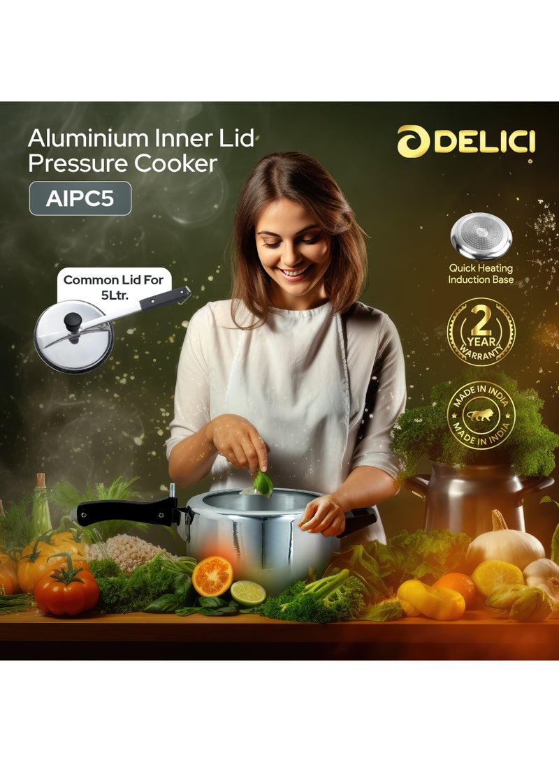 5Liters Pressure Cooker Inner lid Aluminium AIPC5 | 5L Capacity | Quick Heating Induction Base | Durable Safety Valve | Food Grade Rubber Basket | Specially Designed Handle | Versatile pressure cooker Silver