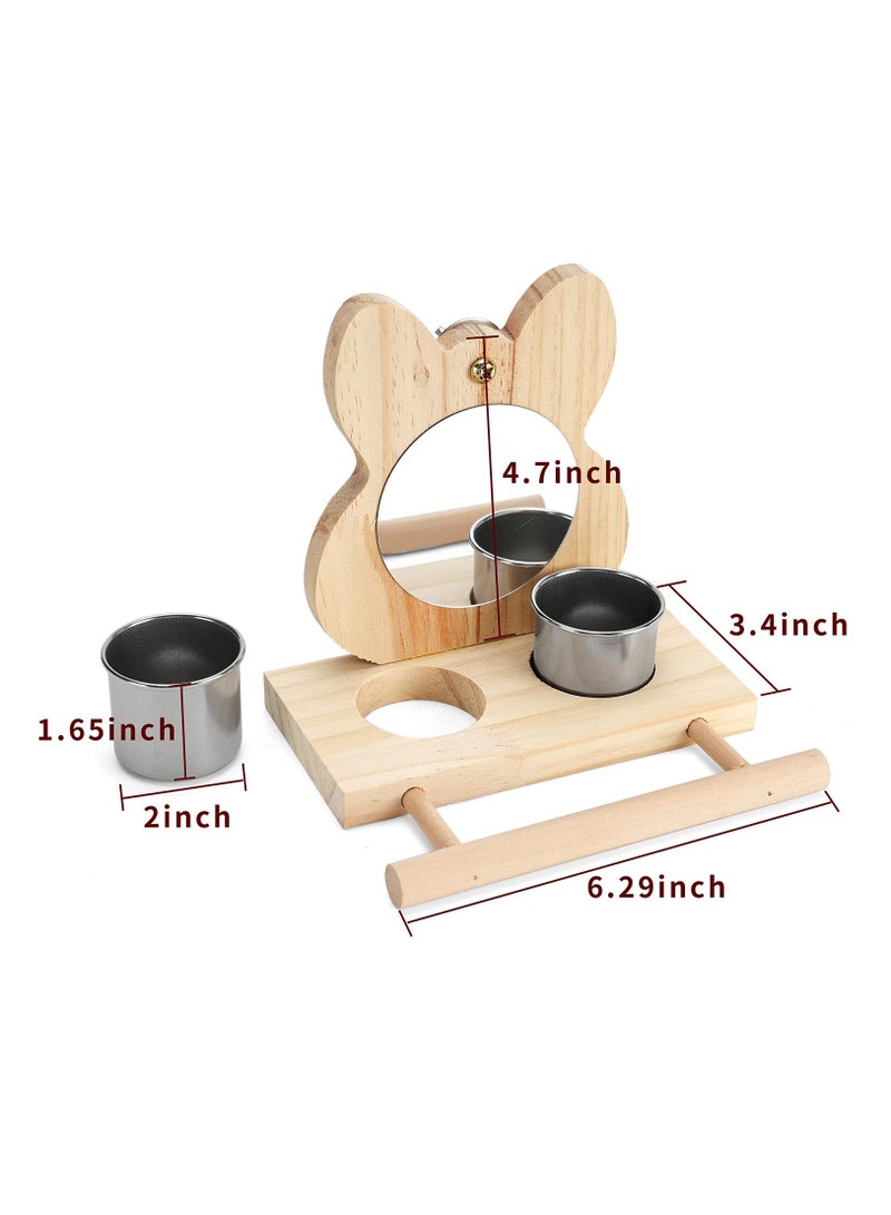 Wooden Bird Perch with Mirror and Stainless Steel Cups for Budgies, Parakeets, Lovebirds, and Macaws - Fun and Functional Bird Toy