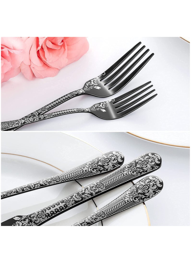 Elegant Floral Black Cutlery Set 20 Pieces Stainless Steel Flatware Includes Spoons Forks Knives Dishwasher Safe Durable Tableware for Home Kitchen