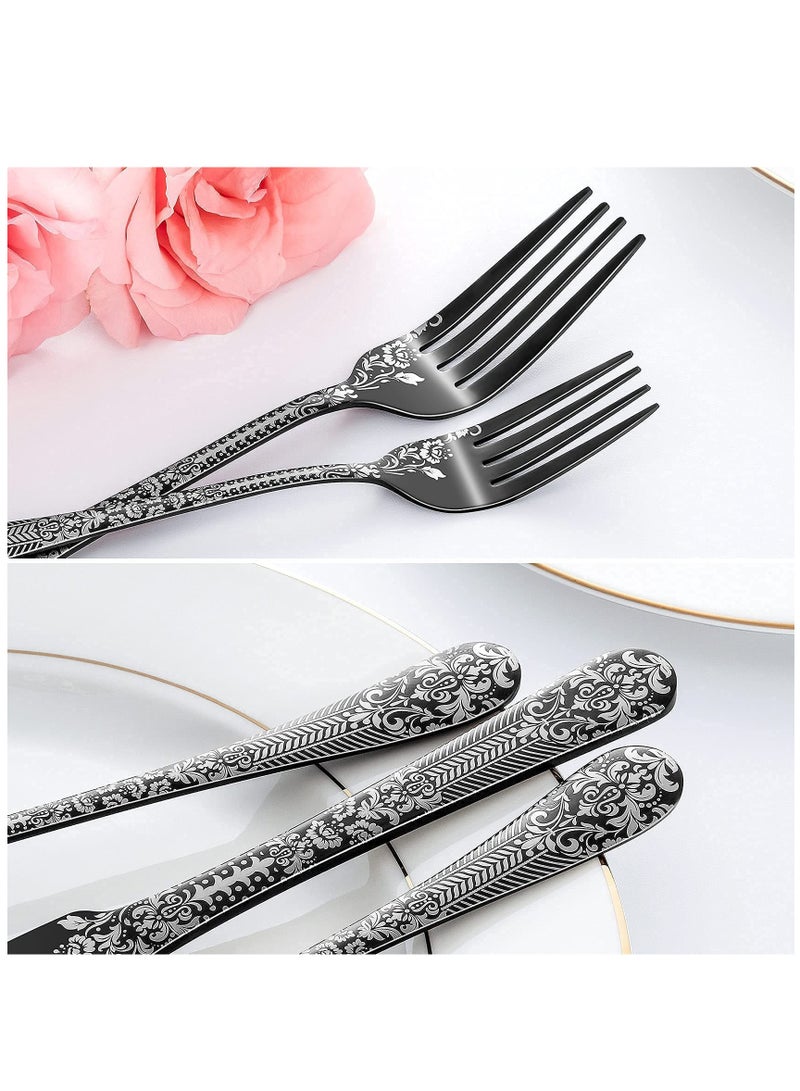 Elegant Floral Black Cutlery Set 20 Pieces Stainless Steel Flatware Includes Spoons Forks Knives Dishwasher Safe Durable Tableware for Home Kitchen