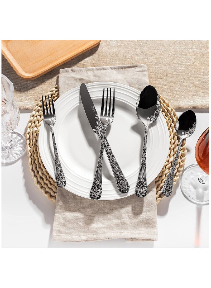 Elegant Floral Black Cutlery Set 20 Pieces Stainless Steel Flatware Includes Spoons Forks Knives Dishwasher Safe Durable Tableware for Home Kitchen