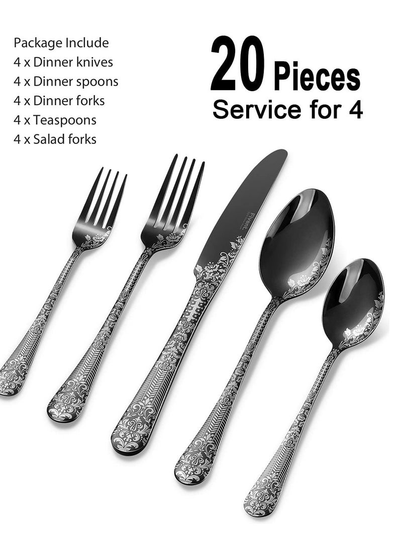 Elegant Floral Black Cutlery Set 20 Pieces Stainless Steel Flatware Includes Spoons Forks Knives Dishwasher Safe Durable Tableware for Home Kitchen