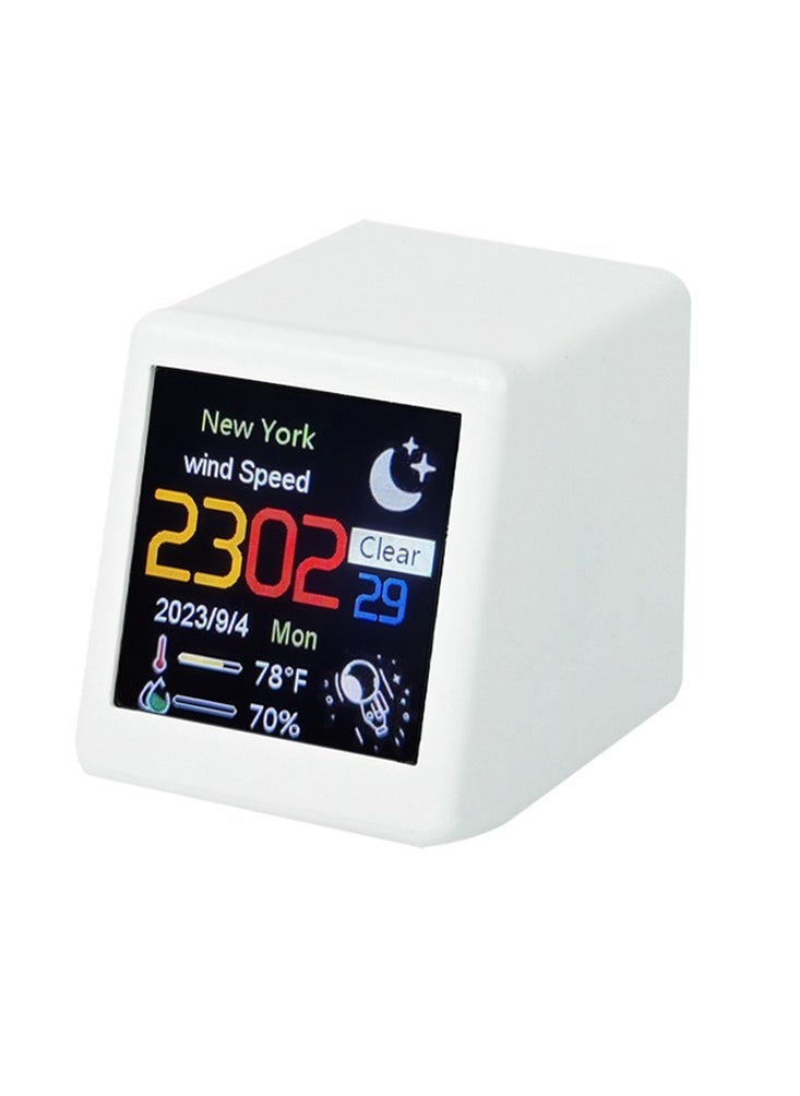 Small Portable Smart Wifi Weather Station Display Weather Temperature Humidity Time Alarm Clock Desktop Decoration (White)