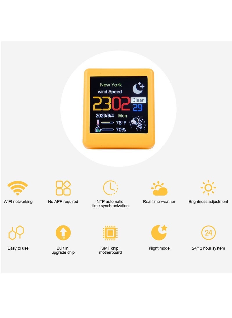 Small Portable Smart Wifi Weather Station Display Weather Temperature Humidity Time Alarm Clock Desktop Decoration (Yellow)