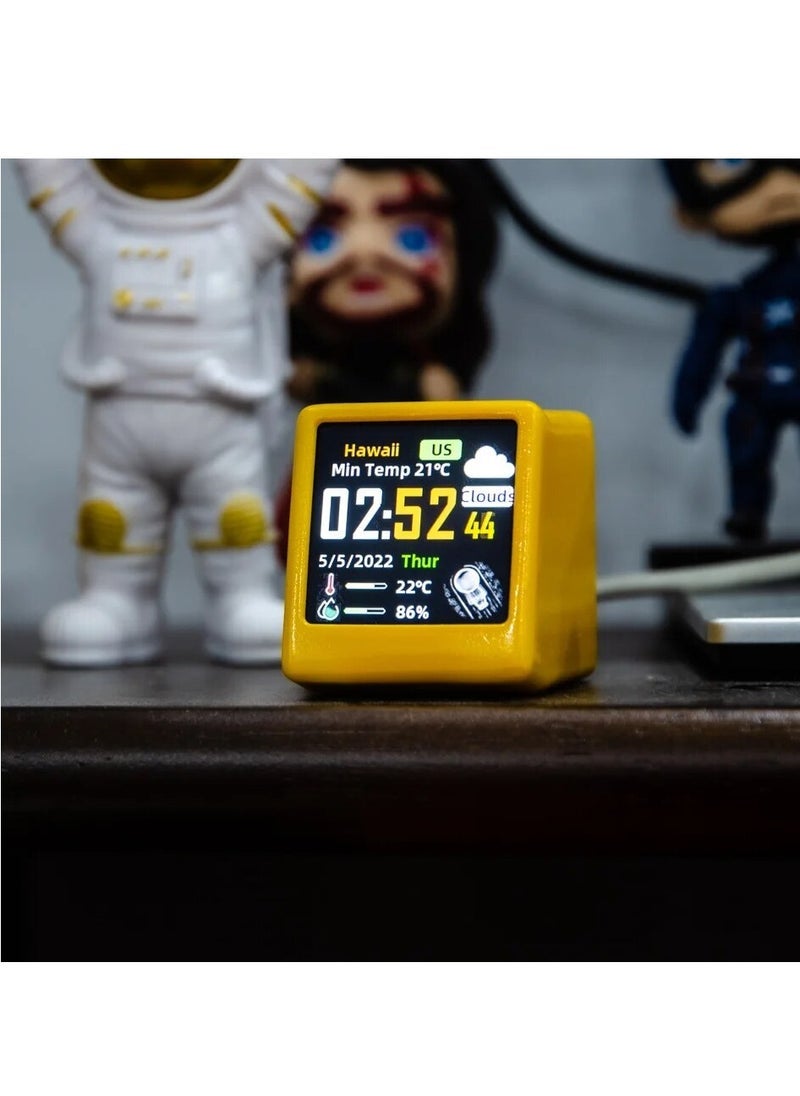 Small Portable Smart Wifi Weather Station Display Weather Temperature Humidity Time Alarm Clock Desktop Decoration (Yellow)