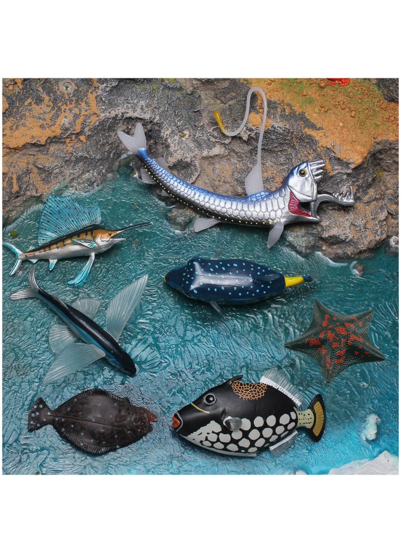 Marine Animal Model Set 7PCS Including Starfish Flounder Sailfish Flying Fish Clownfish Triggerfish Viper Fish Tuna Action Figures for Kids