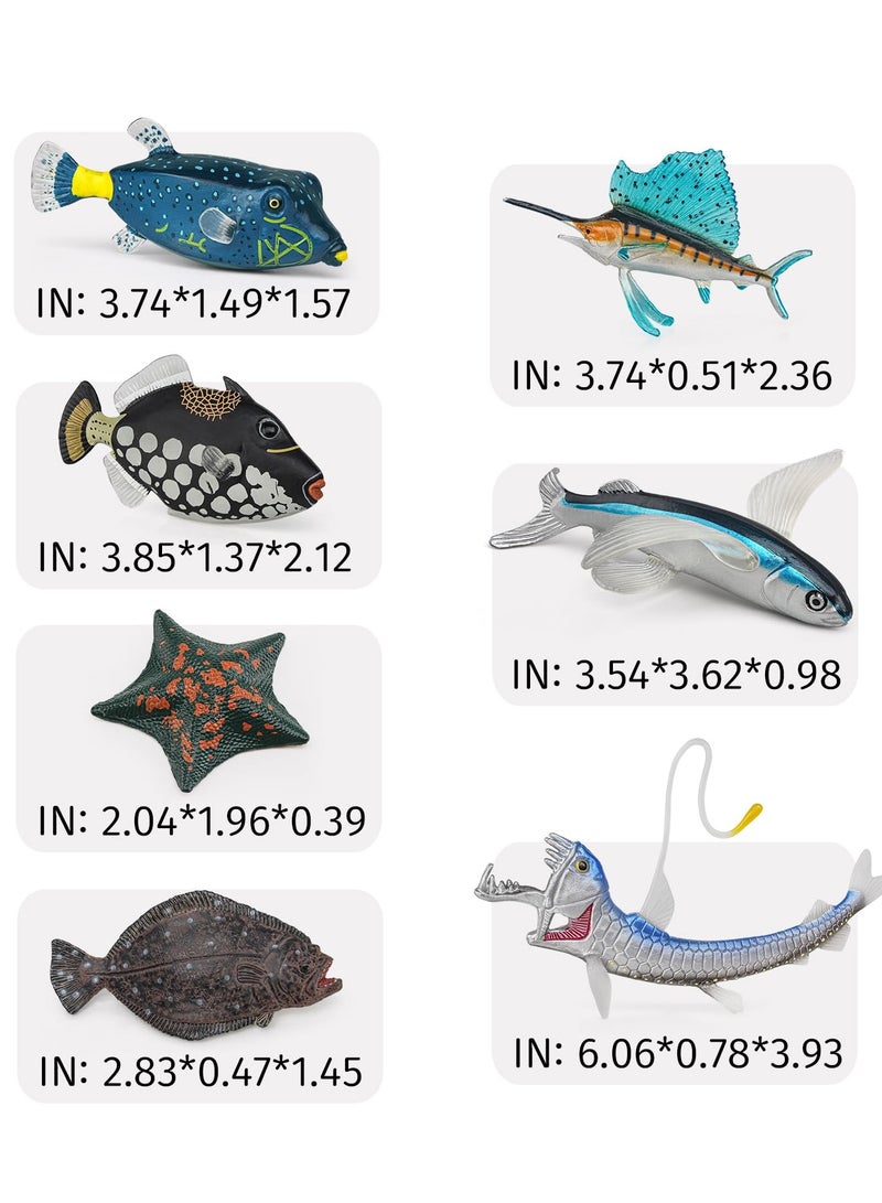 Marine Animal Model Set 7PCS Including Starfish Flounder Sailfish Flying Fish Clownfish Triggerfish Viper Fish Tuna Action Figures for Kids