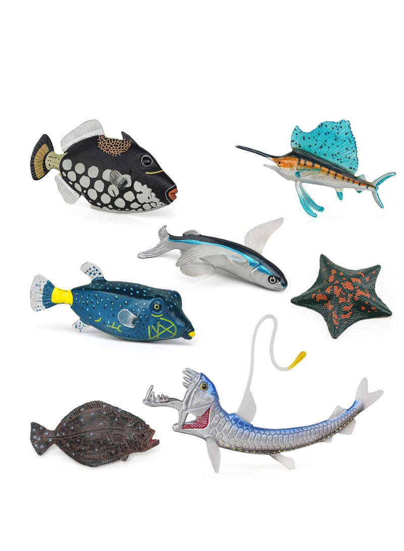 Marine Animal Model Set 7PCS Including Starfish Flounder Sailfish Flying Fish Clownfish Triggerfish Viper Fish Tuna Action Figures for Kids