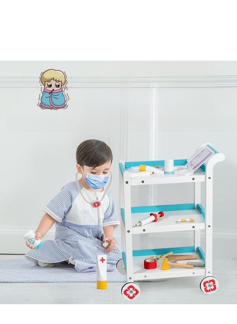 Children's Wooden Medical Doctor Handcart Playing Simulation Injection Toy