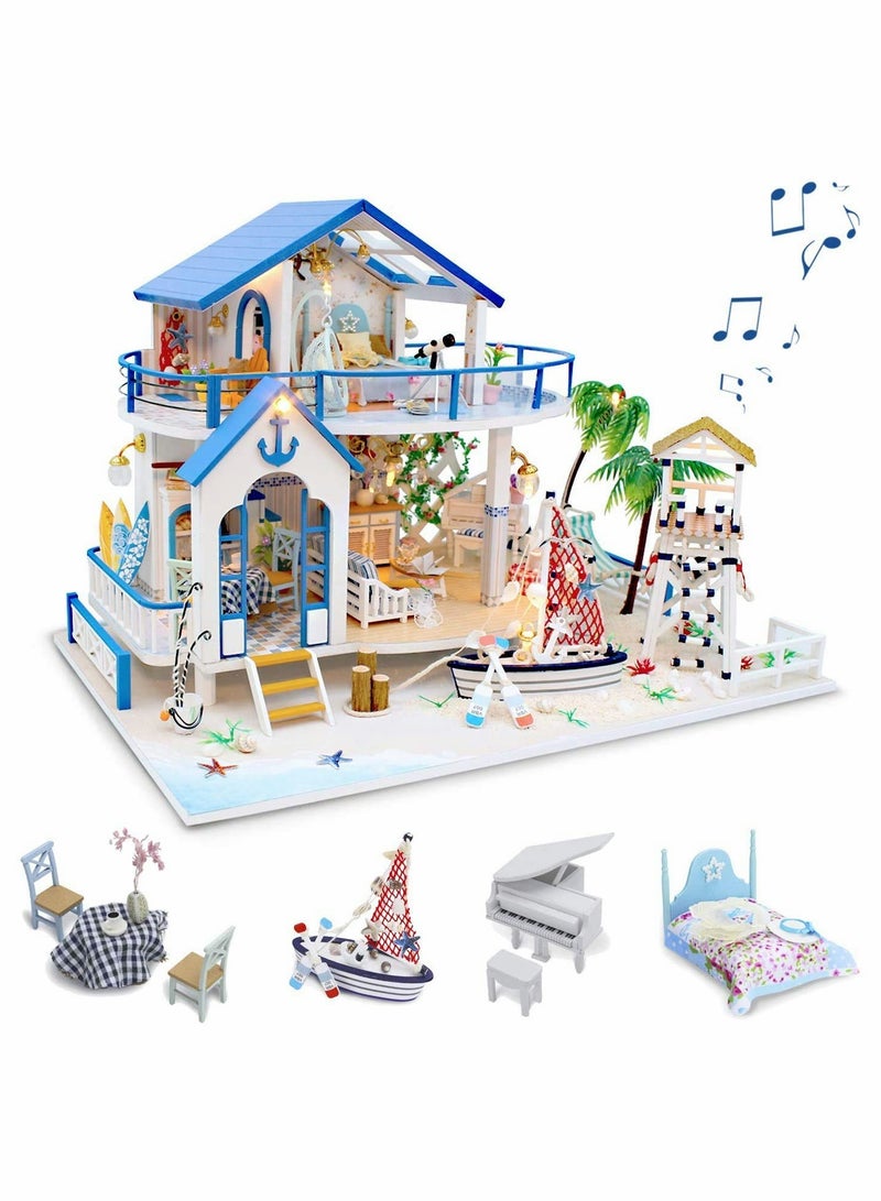 DIY Dollhouse Kit, Wooden Miniature Dollhouse with Furniture and Music, Tiny House Building Kit, DIY Miniature Kits to Build, Blue Sea Legend