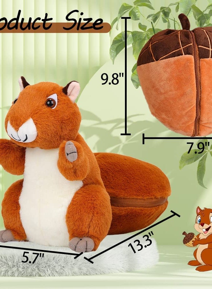 Adorable 10 Inch Plush Squirrel Toy with Zipper Nut Bag, Reversible Stuffed Animal for Kids, Perfect Gift and Room Decor for Boys and Girls