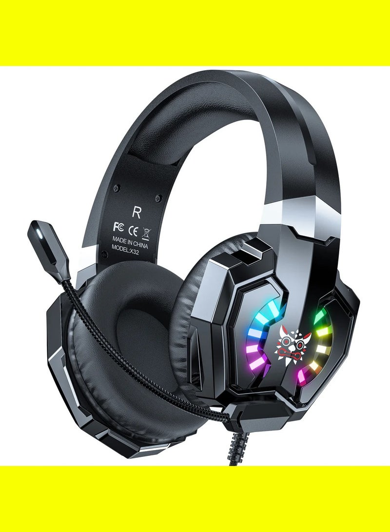 ONIKUMA X32 Wearable Wired Gaming Headset with Flexible Mic LED Lights, Dynamic RGB Lighting Effect