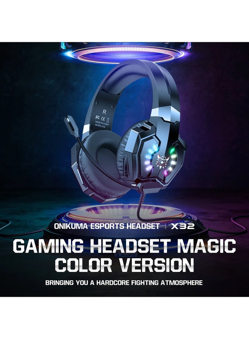 ONIKUMA X32 Wearable Wired Gaming Headset with Flexible Mic LED Lights, Dynamic RGB Lighting Effect