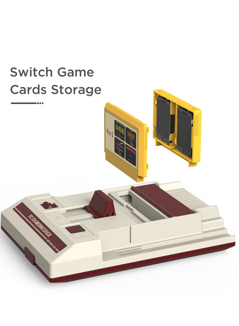 Famicom Style Charging Station for Nintendo Switch Joy Con Controllers with Overcharge Protection and Game Card Storage