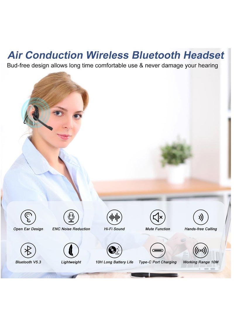 Wireless Bluetooth Headset with Microphone, Open Ear Design, Noise Cancelling, 10 Hours Playtime, Lightweight and Comfortable for Office and Driving