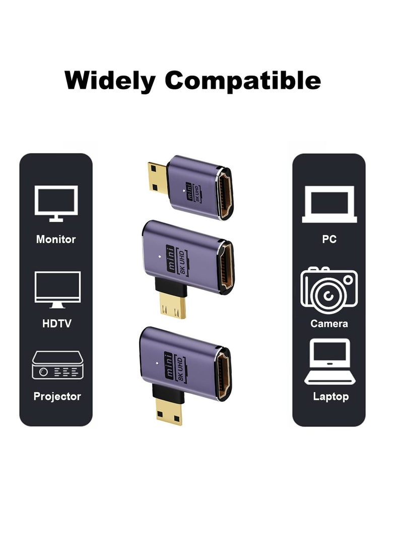 8K Mini HDMI to HDMI Adapter 3 Pack with 90 Degree Angles for Camera HDTV Projector Laptop and Tablet