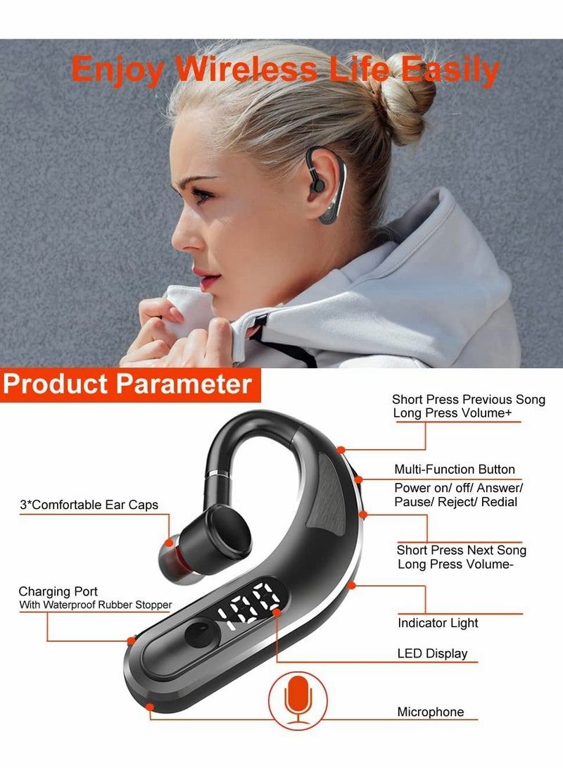 Bluetooth 5.2 Wireless Single Ear Headset with Noise Cancelling Mic Waterproof Earpiece for Business Office Running Driving