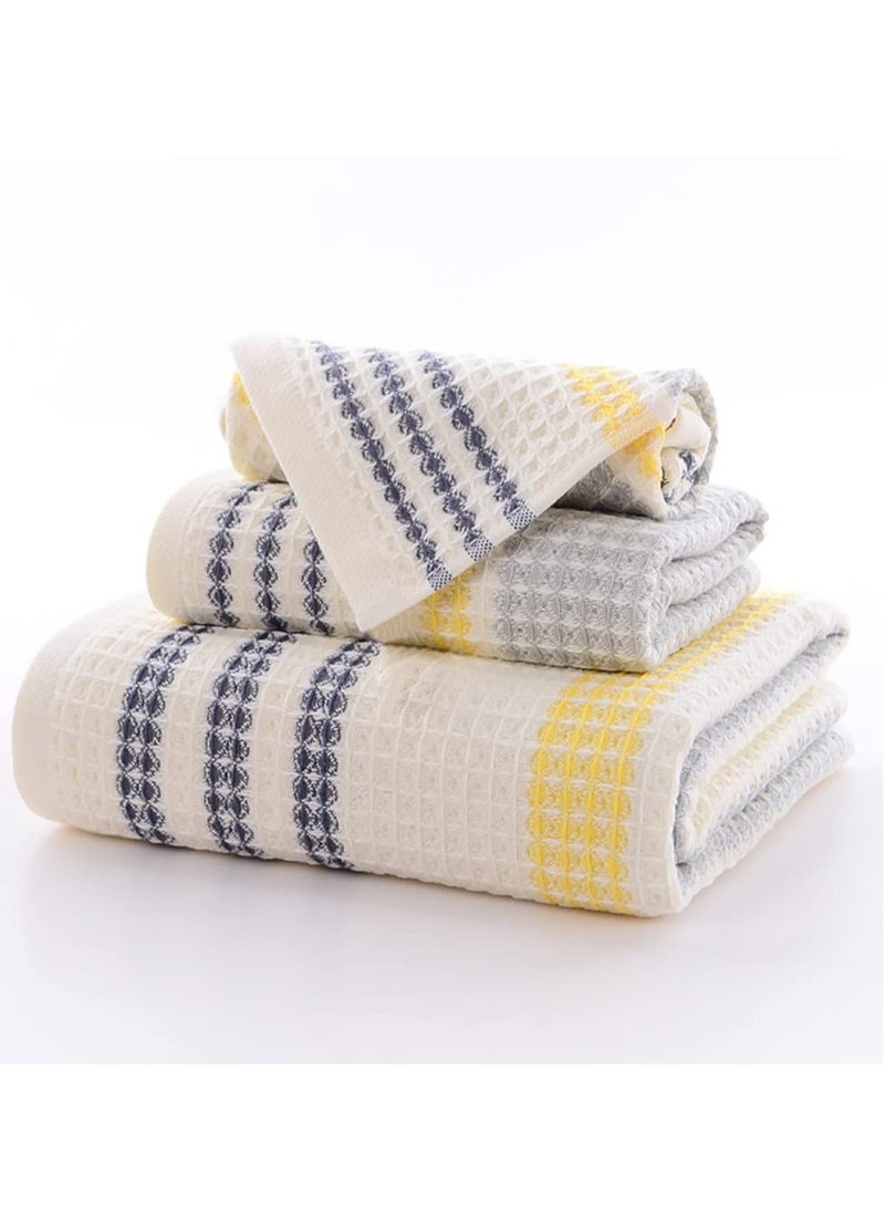 Striped Cotton Towel Set - Quick Drying Yellow, Grey & Black - 1 Bath Towel, 1 Hand Towel, 1 Washcloth - Ultra Soft, Lightweight & Absorbent for Home & Travel Use