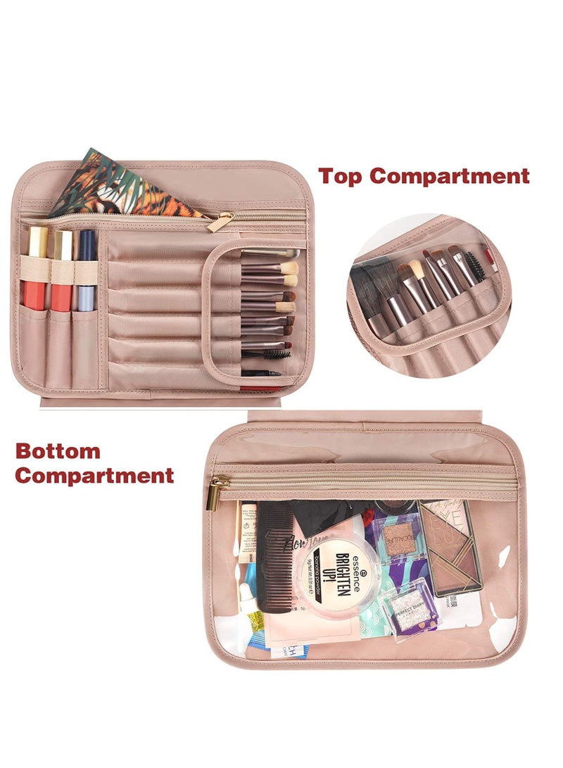 Travel Makeup Bag, Hanging Toiletry Bag for Women, Large Waterproof Cosmetic Bag Travel Organizer with Elastic Band Holders for Full Sized Container Accessories Toiletries Cosmetics Brushes Blue