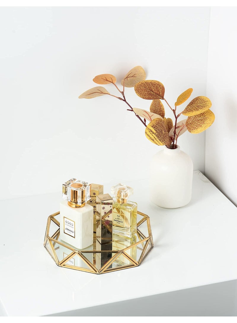 Elegant Gold Glass Perfume Tray for Makeup Jewelry Organizer Decorative Octagonal Vanity Display 7inch Home Decor