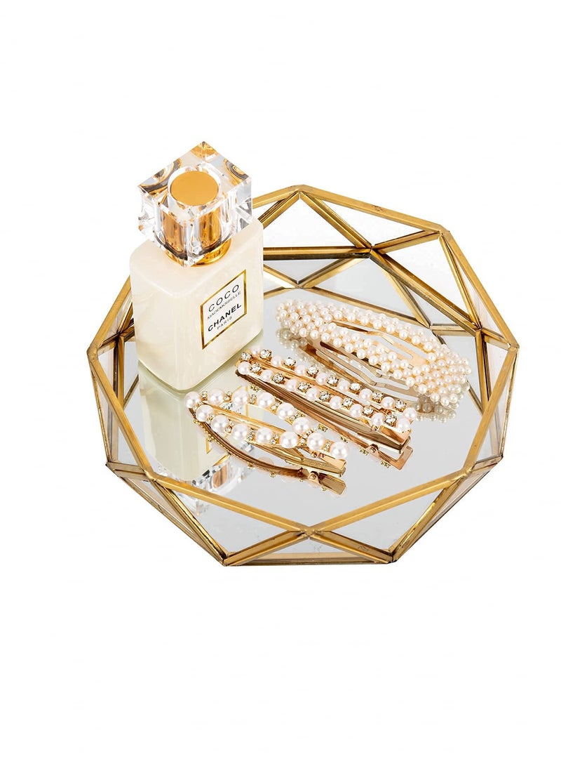 Elegant Gold Glass Perfume Tray for Makeup Jewelry Organizer Decorative Octagonal Vanity Display 7inch Home Decor