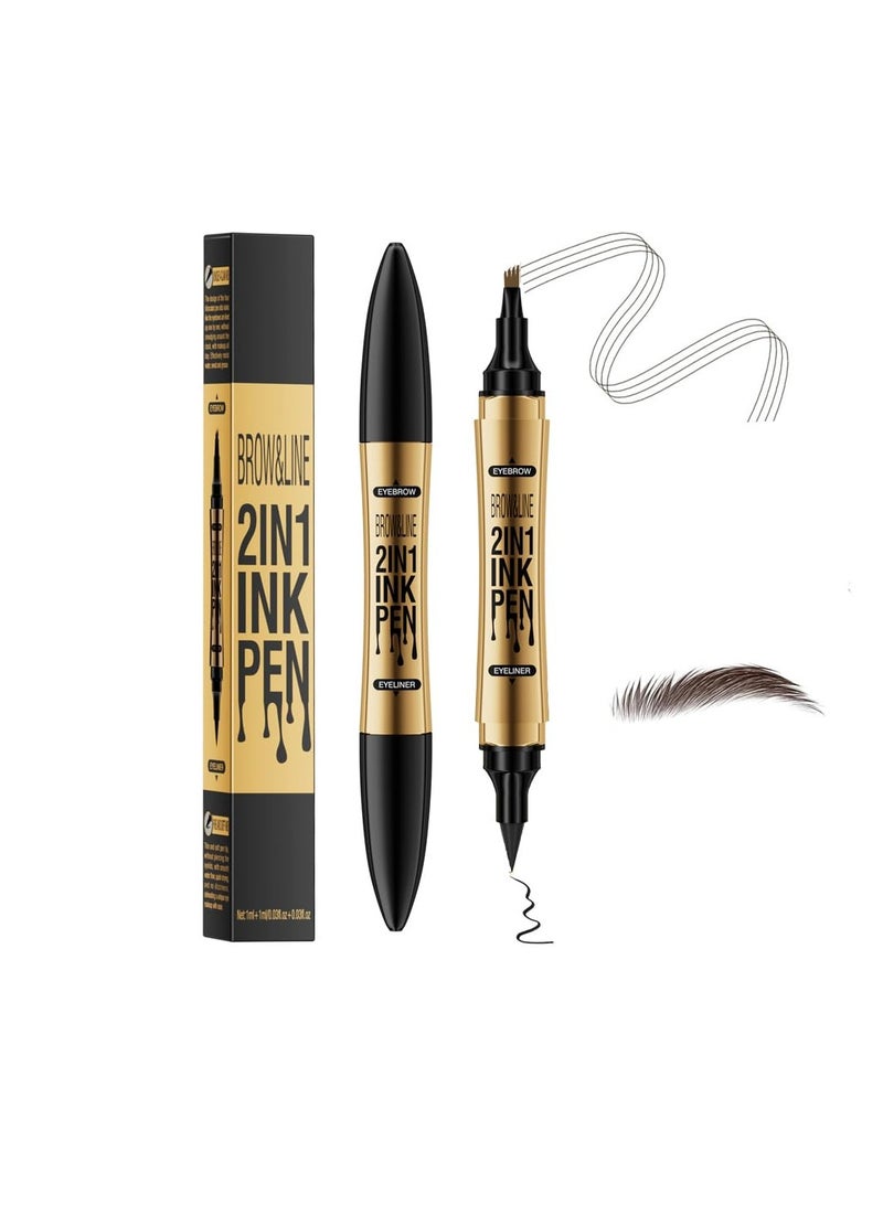 Brow pen eyeliner 2-in-1, microblade eyebrow pen, Magic 4 tip eyebrow pencil, With Dual-ended Eyebrow Brush, Waterproof eyebrow pen, Brow pencil with hair like strokes, Natural brows, Dark Brown