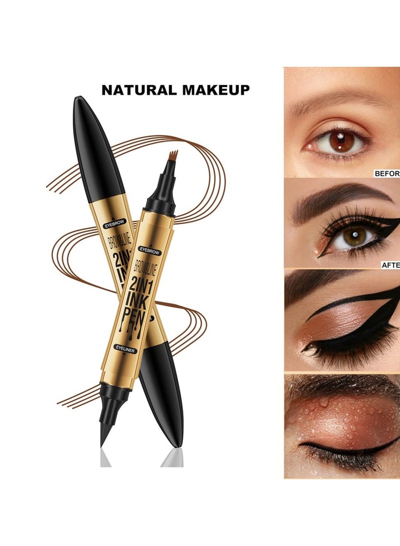 Brow pen eyeliner 2-in-1, microblade eyebrow pen, Magic 4 tip eyebrow pencil, With Dual-ended Eyebrow Brush, Waterproof eyebrow pen, Brow pencil with hair like strokes, Natural brows, Dark Brown