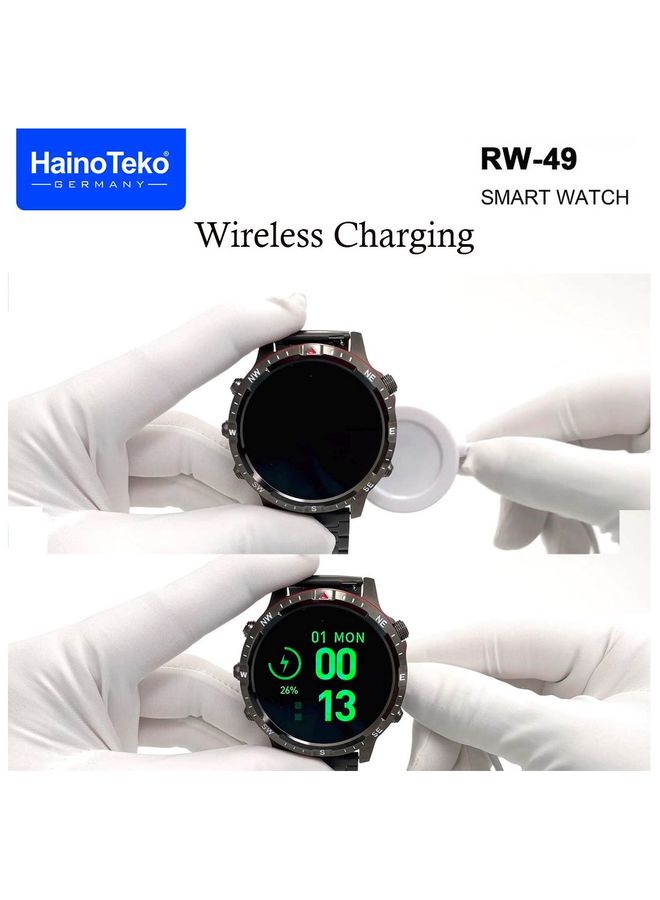 Haino Teko Germany  RW49 Round Shape AMOLED Display Smart Watch With 3 Pair Strap and Wireless Charger For Gents And Boys Silver