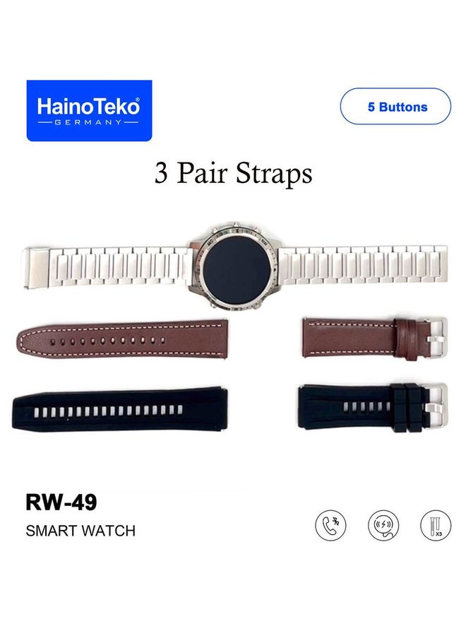 Haino Teko Germany  RW49 Round Shape AMOLED Display Smart Watch With 3 Pair Strap and Wireless Charger For Gents And Boys Silver