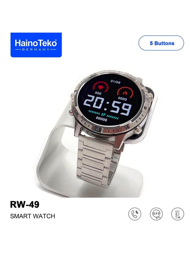 Haino Teko Germany  RW49 Round Shape AMOLED Display Smart Watch With 3 Pair Strap and Wireless Charger For Gents And Boys Silver