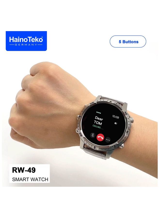 Haino Teko Germany  RW49 Round Shape AMOLED Display Smart Watch With 3 Pair Strap and Wireless Charger For Gents And Boys Silver